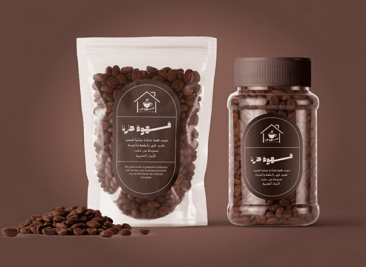 Branding Café Qahwat Jarana - Design complet de branding et d'emballage de café pour PME marocaine. Logo professionnel, design d'emballage pour sachets et pots, photographie produit. Parfait pour cafés, restaurants et commerces de détail cherchant à établir une identité de marque de café premium.